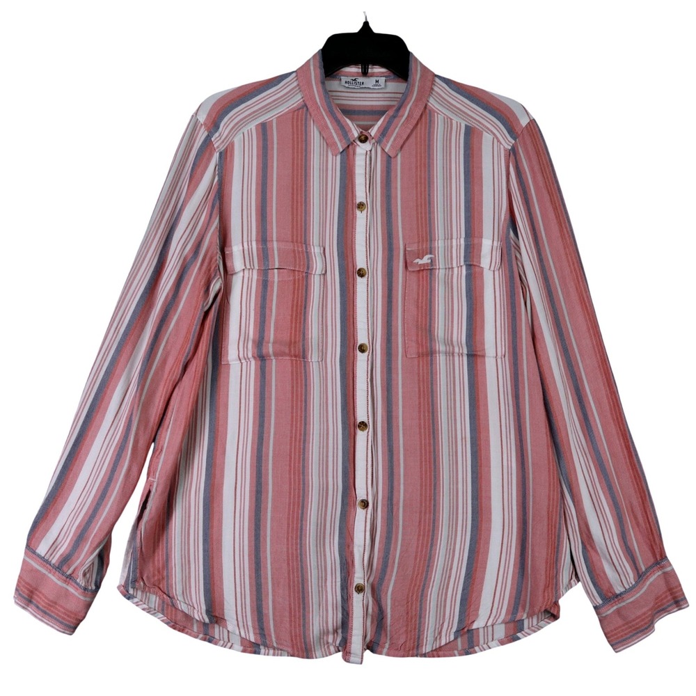 Hollister Button Down Shirt Womens M Striped Viscose Dual Pocket Casual Top